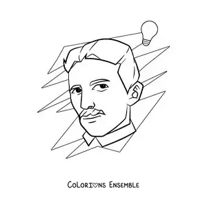 Image à colorier de Nikola Tesla et d'une ampoule alimentée par du courant alternatif