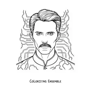 Image à colorier de Nikola Tesla entouré d'éclairs de courant alternatif
