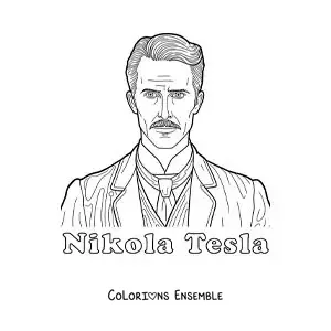 Image à colorier d'un portrait de Nikola Tesla avec son nom