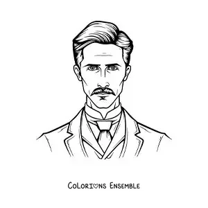Image à colorier d'un portrait de Nikola Tesla en dessin animé