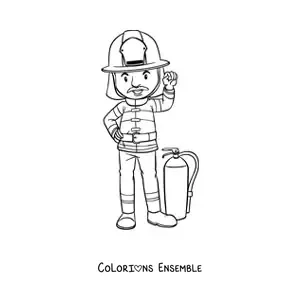 Image à colorier d’un pompier en uniforme à côté d’un extincteur