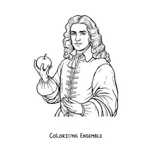 Image à colorier d'un portrait d'Isaac Newton avec une pomme