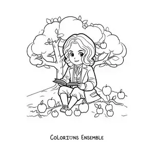 Image à colorier d'Isaac Newton en dessin animé, lisant sous un pommier