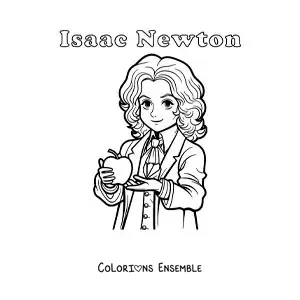 Image à colorier d'Isaac Newton en dessin animé, avec une pomme et avec son nom