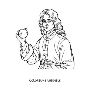 Coloriage d'un portrait facile d'Isaac Newton avec une pomme
