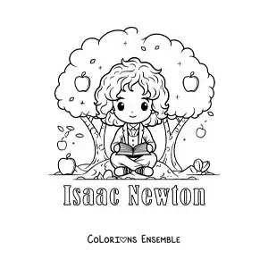 Image à colorier d'Isaac Newton kawaii, lisant sous un pommier