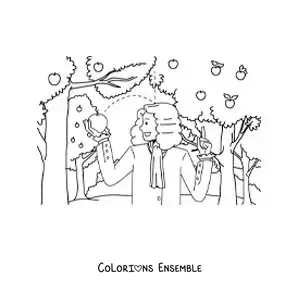 Image à colorier d'Isaac Newton avec une pomme qui tombe sur sa tête
