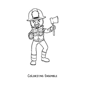 Image à colorier d’un pompier avec un masque de protection et une hache