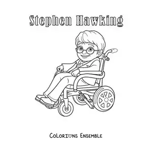 Image à colorier de Stephen Hawking en dessin animé, avec son nom