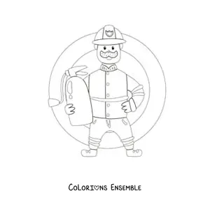 Image à colorier d’un pompier en dessin animé tenant un extincteur