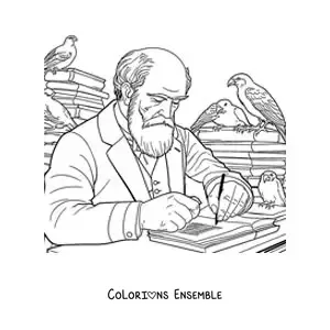 Image à colorier de Charles Darwin écrivant à un bureau