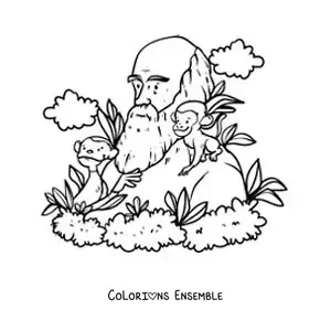 Image à colorier de Charles Darwin en dessin animé, étudiant les singes