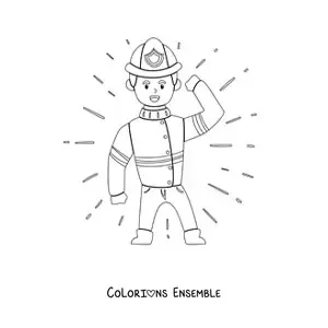 Image à colorier d’un pompier en dessin animé saluant et tenant son casque