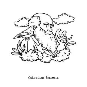Image à colorier de Charles Darwin en dessin animé, étudiant les oiseaux