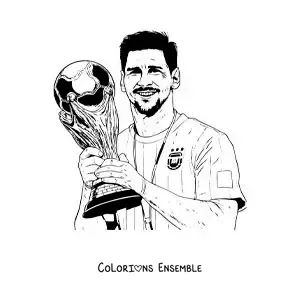 Image à colorier de Lionel Messi avec la Coupe du monde