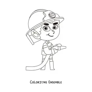 Image à colorier d'un pompier kawaii avec un tuyau d'arrosage