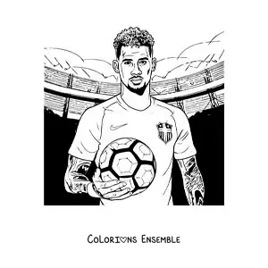 Image à colorier de Neymar dans un stade de football tenant un ballon