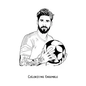 Image à colorier de Sergio Ramos version dessin animé avec un ballon de football