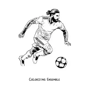 Image à colorier de Sergio Ramos avec ses tatouages en train de jouer au football