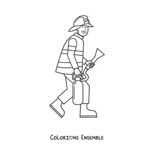 Image à colorier d'un pompier animé avec un extincteur