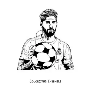 Image à colorier d’un portrait de Sergio Ramos avec un ballon de football