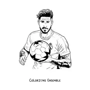 Image à colorier de Sergio Ramos avec un ballon de football
