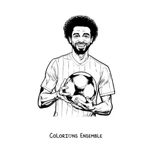 Image à colorier de Mohamed Salah version dessin animé avec un ballon de football