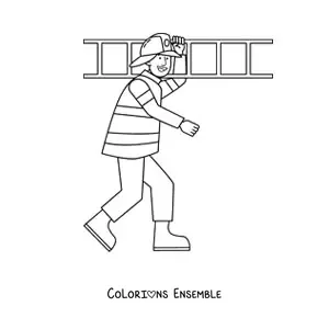 Image à colorier d'un pompier animé portant une échelle