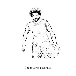 Image à colorier de Mohamed Salah version dessin animé en train de jouer au football