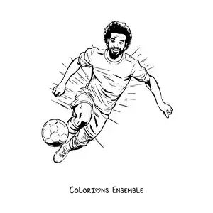 Image à colorier d’une caricature de Mohamed Salah en train de jouer au football