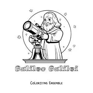 Image à colorier de Galilée version dessin animé avec une lunette astronomique