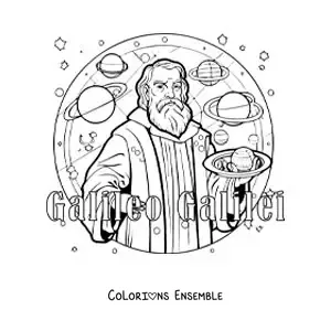 Image à colorier de Galilée version dessin animé avec les planètes