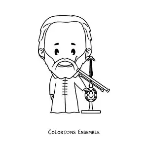 Image à colorier de Galilée kawaii avec une lunette astronomique