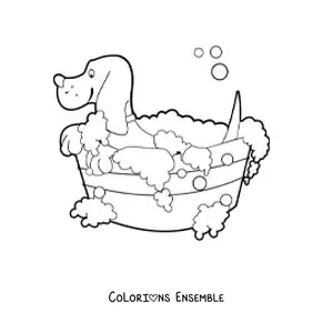 Image à colorier d’un chien prenant un bain dans une bassine pleine de bulles