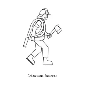 Image à colorier d'un pompier animé avec un tuyau et une hache
