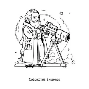 Image à colorier de Galilée version dessin animé regardant à travers une lunette astronomique