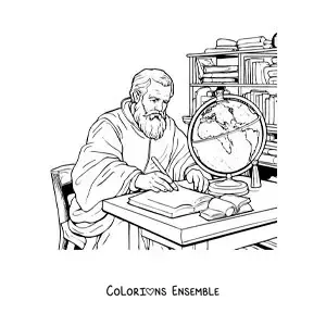 Image à colorier de Galilée en train d’étudier à un bureau