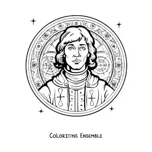 Image à colorier de Nicolas Copernic version dessin animé avec un mandala
