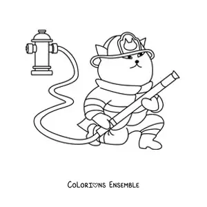 Image à colorier d'un chat pompier animé tenant un tuyau