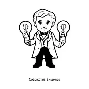 Image à colorier de Thomas Edison version dessin animé kawaii avec deux ampoules
