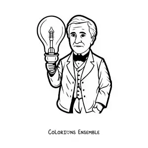 Image à colorier d’une caricature de Thomas Edison avec une ampoule