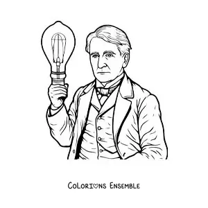 Image à colorier de Thomas Edison version dessin animé avec une ampoule