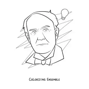 Image à colorier d’un portrait facile de Thomas Edison avec une ampoule
