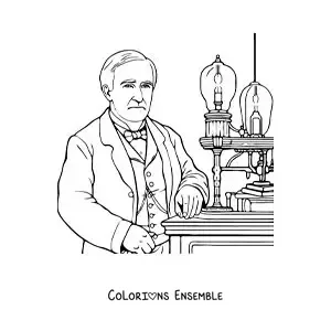 Image à colorier de l’inventeur Thomas Edison dans son atelier