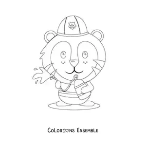 Image à colorier d'un tigre pompier animé éteignant un incendie