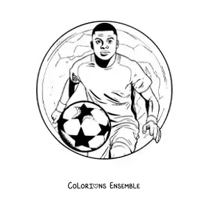 Image à colorier de Kylian Mbappé version dessin animé avec un ballon de football