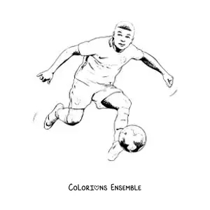 Image à colorier de Kylian Mbappé version dessin animé en train de jouer au football