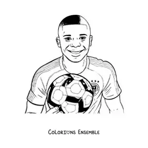 Image à colorier d’un portrait de Kylian Mbappé souriant avec un ballon de football, version dessin animé