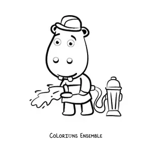 Image à colorier d'un hippopotame pompier animé éteignant un incendie