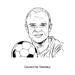 Image à colorier d’un portrait réaliste d’Andrés Iniesta avec un ballon de football